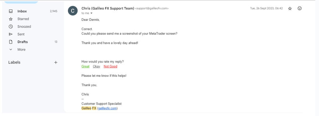 Email from Chris of Galileo FX Support Email from Chris of Galileo FX Support